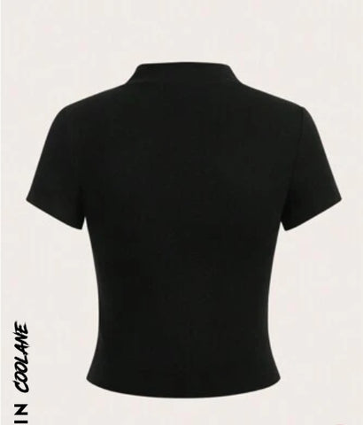 Letter Graphic Striped Side Zip Up Crop Tee