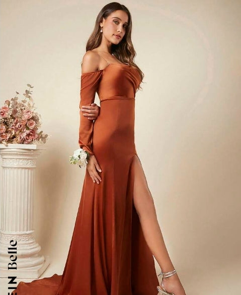 Belle Off Shoulder Split Thigh Solid Party Dress
