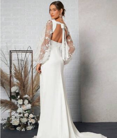 Belle Contrast Mesh Lantern Sleeve Tie Backless Floor Length Wedding Dress