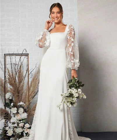 Belle Contrast Mesh Lantern Sleeve Tie Backless Floor Length Wedding Dress