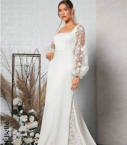 Belle Contrast Mesh Lantern Sleeve Tie Backless Floor Length Wedding Dress