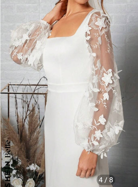 Belle Contrast Mesh Lantern Sleeve Tie Backless Floor Length Wedding Dress