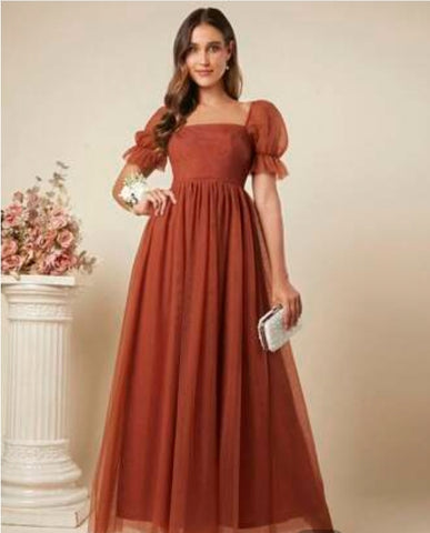 Belle Square Neck Puff Sleeve Mesh Overlay Bridesmaid Dress