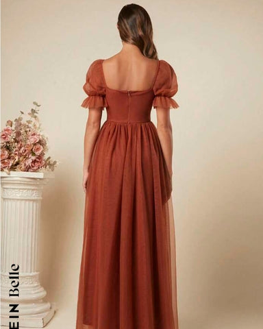 Belle Square Neck Puff Sleeve Mesh Overlay Bridesmaid Dress