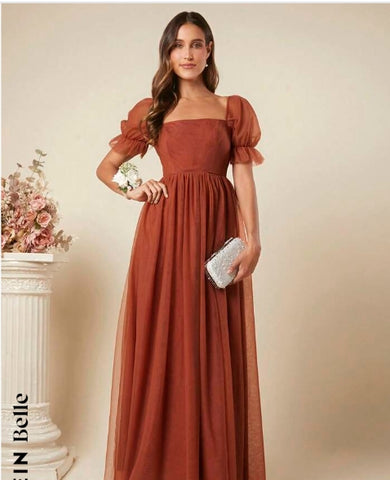 Belle Square Neck Puff Sleeve Mesh Overlay Bridesmaid Dress