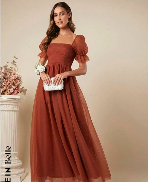 Belle Square Neck Puff Sleeve Mesh Overlay Bridesmaid Dress