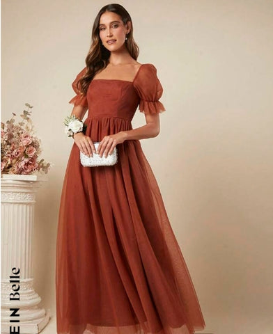 Belle Square Neck Puff Sleeve Mesh Overlay Bridesmaid Dress