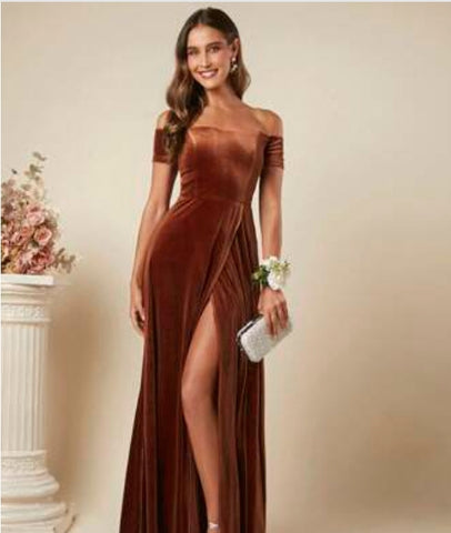 Belle Off Shoulder Wrap Hem Velvet Bridesmaid Dress