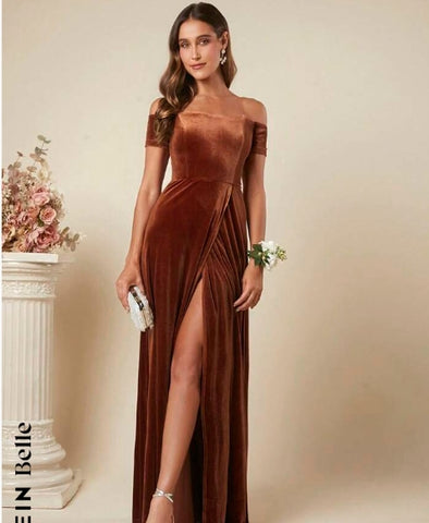 Belle Off Shoulder Wrap Hem Velvet Bridesmaid Dress