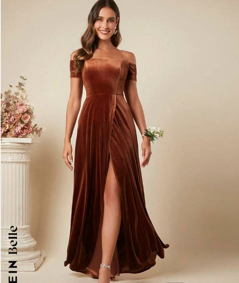 Belle Off Shoulder Wrap Hem Velvet Bridesmaid Dress