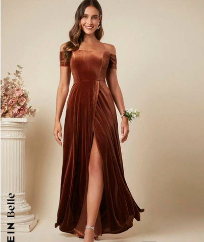 Belle Off Shoulder Wrap Hem Velvet Bridesmaid Dress