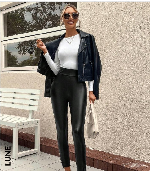 LUNE High Waist Zip Hem PU Leather Leggings