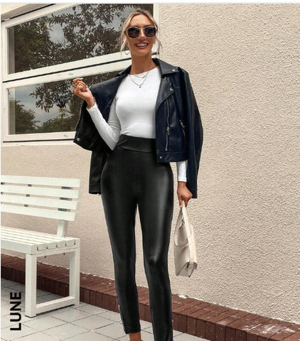 LUNE High Waist Zip Hem PU Leather Leggings