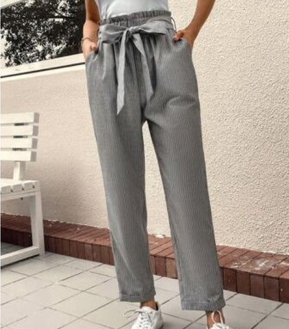 LUNE Striped Print Paperbag Waist Belted Pants