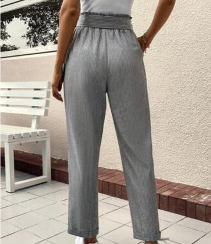 LUNE Striped Print Paperbag Waist Belted Pants