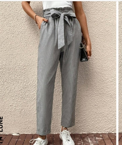 LUNE Striped Print Paperbag Waist Belted Pants