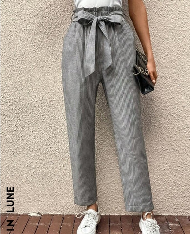 LUNE Striped Print Paperbag Waist Belted Pants