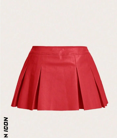 ICON Solid PU Leather Pleated Skirt
