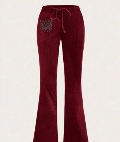 ICON Rhinestone Heart Pattern Drawstring Waist Flare Leg Pants