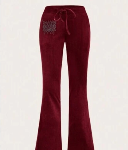 ICON Rhinestone Heart Pattern Drawstring Waist Flare Leg Pants
