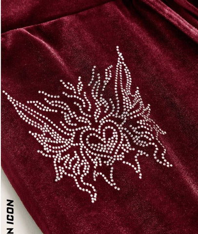 ICON Rhinestone Heart Pattern Drawstring Waist Flare Leg Pants