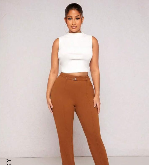 Solid Belted Skinny Pants