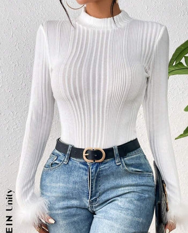 Mock Neck Fuzzy Cuff Tee