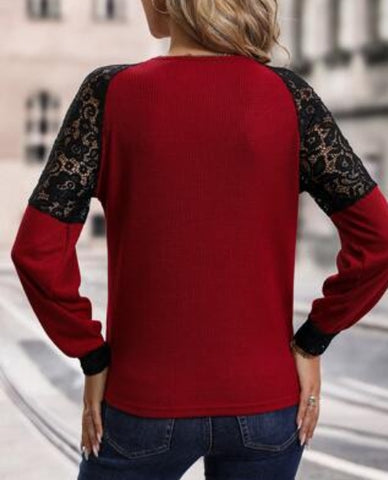 Contrast Lace Raglan Sleeve V Neck Tee