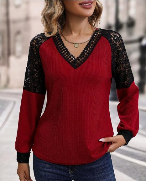 Contrast Lace Raglan Sleeve V Neck Tee