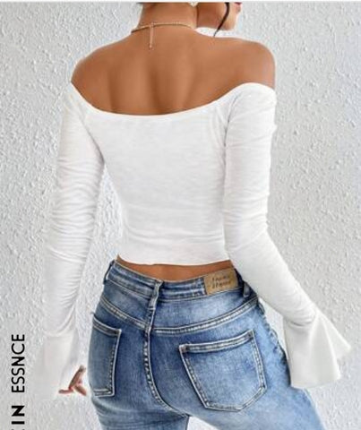 Off Shoulder Flounce Sleeve Ruched Side Crop Tee
