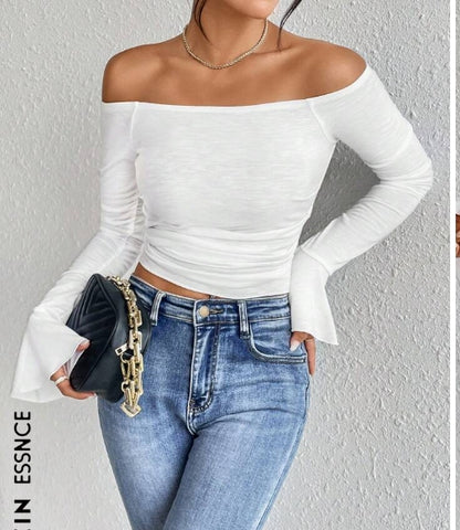 Off Shoulder Flounce Sleeve Ruched Side Crop Tee
