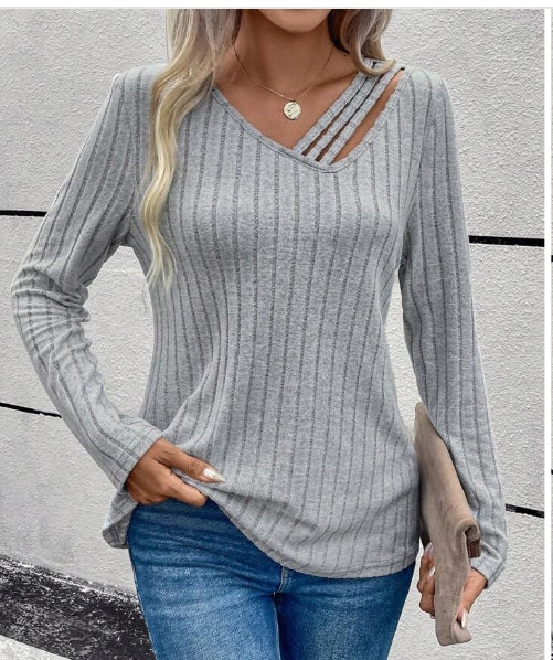 Asymmetrical Neck Ribbed Knit Tee