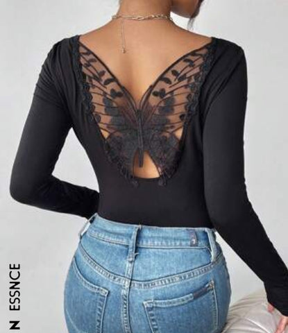 Butterfly Embroidery Mesh Backless Tee