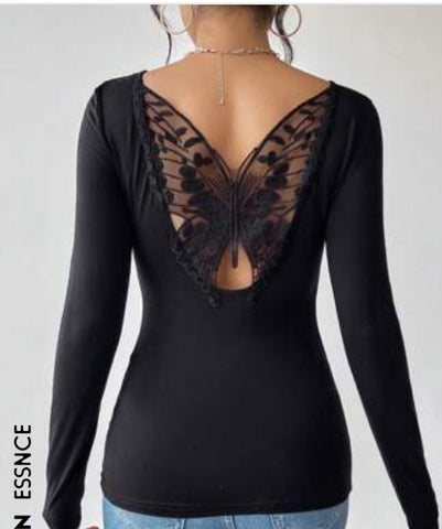 Butterfly Embroidery Mesh Backless Tee
