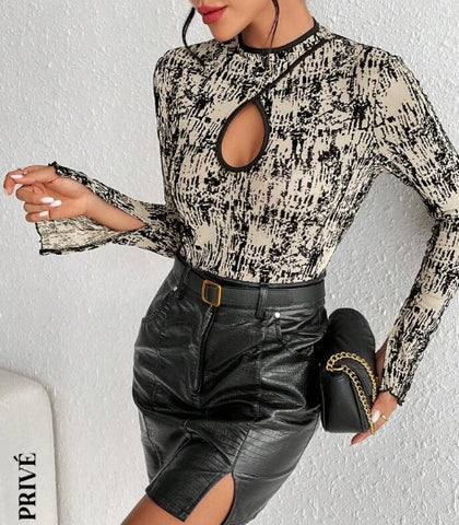 Allover Print Cut Out Front Mock Neck Tee