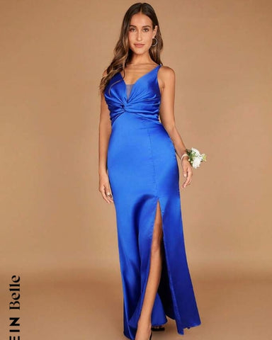 Twist Front Split Thigh Satin Dress