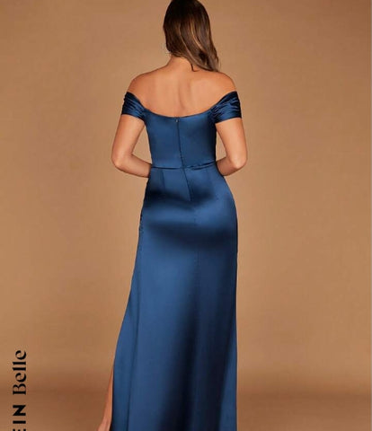 Belle Off Shoulder Wrap Hem Satin Bridesmaid Dress