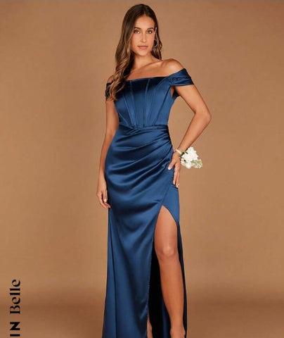 Belle Off Shoulder Wrap Hem Satin Bridesmaid Dress