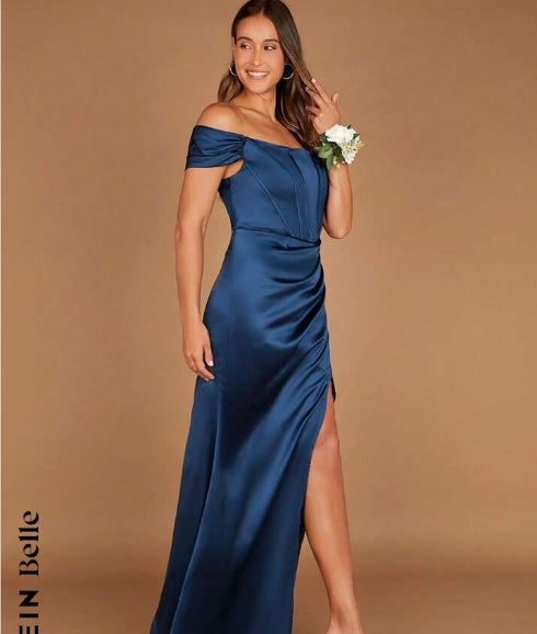 Belle Off Shoulder Wrap Hem Satin Bridesmaid Dress
