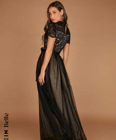Belle Contrast Lace Belted Mesh Overlay Bridesmaid Dress