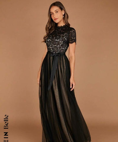 Belle Contrast Lace Belted Mesh Overlay Bridesmaid Dress