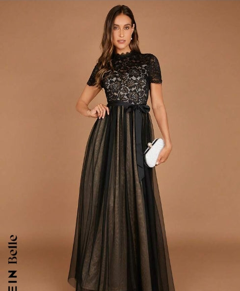Belle Contrast Lace Belted Mesh Overlay Bridesmaid Dress