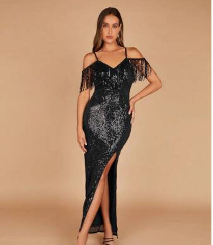 Belle Cold Shoulder Fringe Trim Split Thigh Sequin Dress