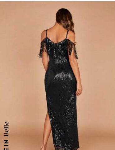 Belle Cold Shoulder Fringe Trim Split Thigh Sequin Dress