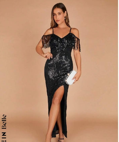 Belle Cold Shoulder Fringe Trim Split Thigh Sequin Dress