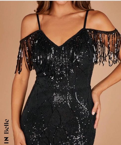 Belle Cold Shoulder Fringe Trim Split Thigh Sequin Dress