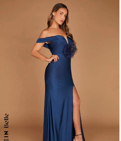 Belle 1pc 3D Rosette Off Shoulder High Split Dress