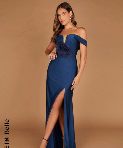 Belle 1pc 3D Rosette Off Shoulder High Split Dress