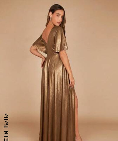 Belle Surplice Neck Split Thigh Metallic Dress