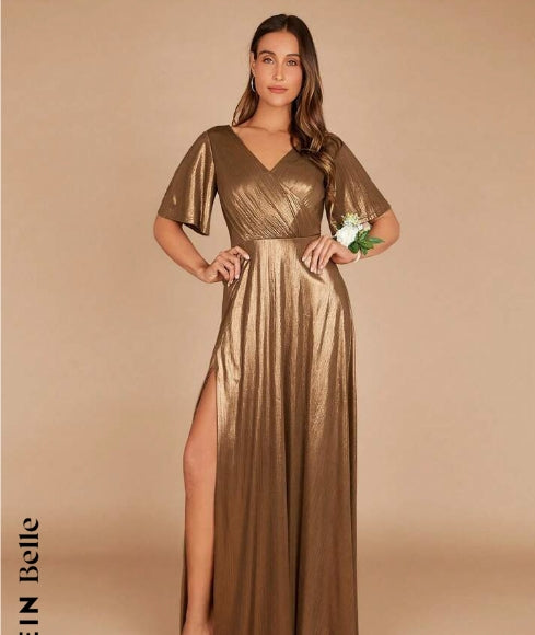 Belle Surplice Neck Split Thigh Metallic Dress